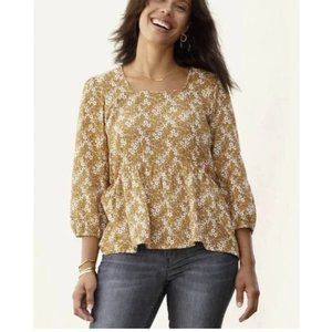 Matilda Jane Womens Peplum Top Size Large Yellow White Ditsy Floral Button Back